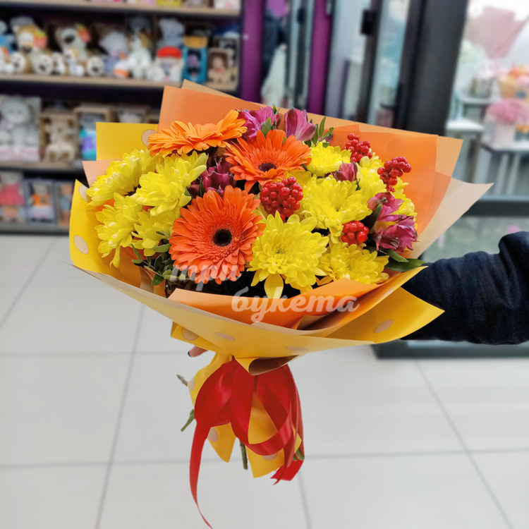 Букет из 3 гербер и хризантем (доп. фото)
