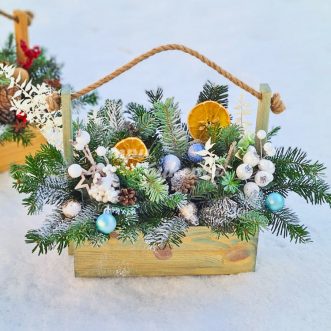 Елочные украшения и ветки в ящике Елочные украшения и ветки в ящике