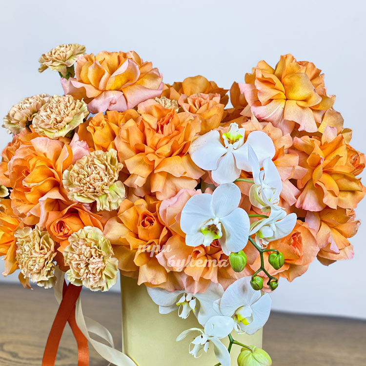 Коробка орхидей, гвоздик и роз Шиммер (крупный план)