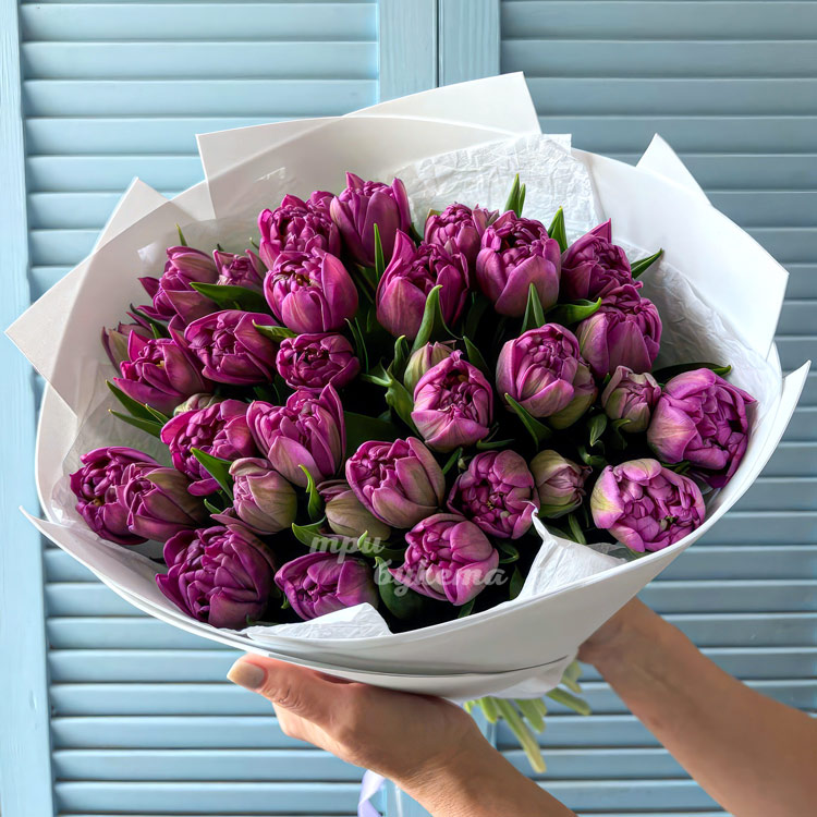 Букет 25 пионовидных сиреневых тюльпанов (вид сверху)
