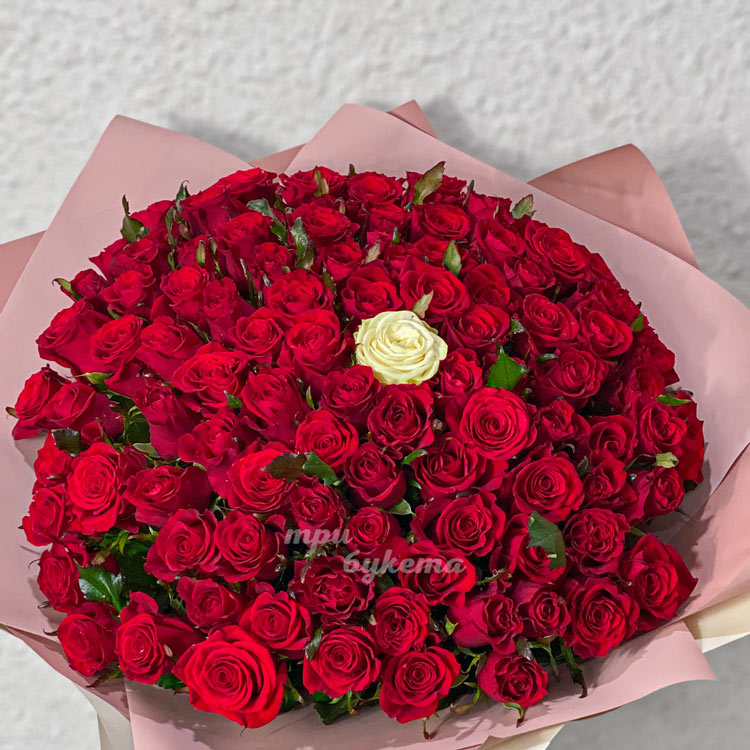 Букет из 100 красных и 1 белой розы (крупный план)