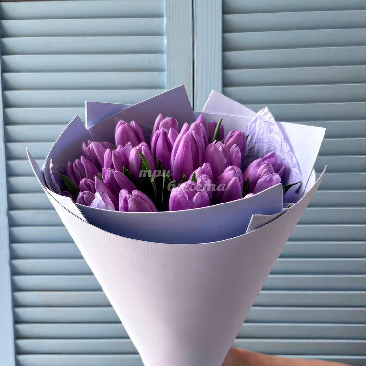 Букет из 25 сиреневых тюльпанов (крупный план)