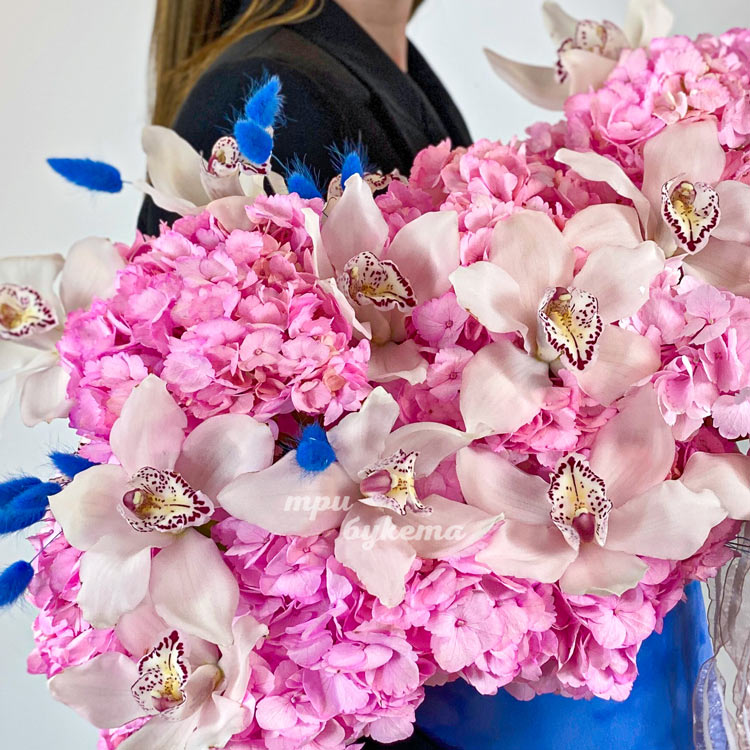 Коробка розовых гортензий и белых орхидей (крупный план)