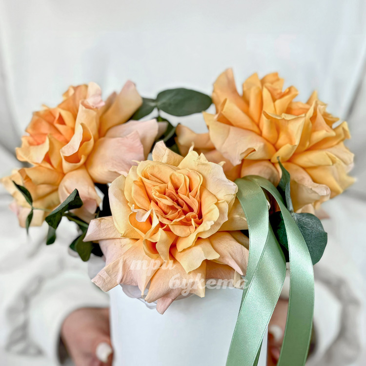 Коробка из 3 желтых французских роз (крупный план)