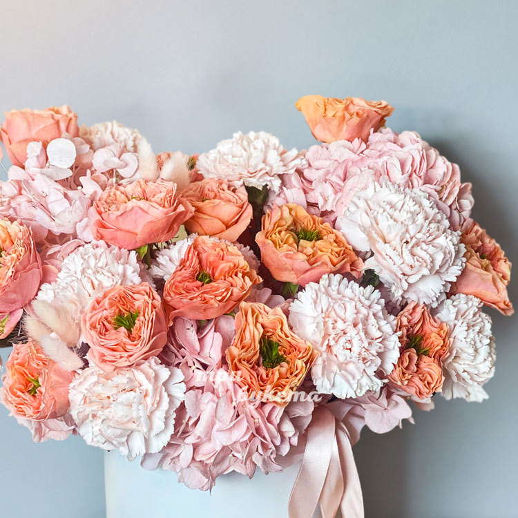 Коробка коралловых пионовидных роз и гвоздик (крупный план)