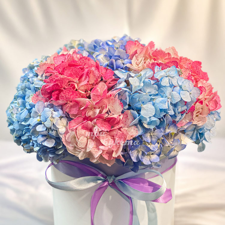 Шляпная коробка синих и розовых гортензий (крупный план)